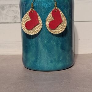 Gold and Red Heart Drop Earrings